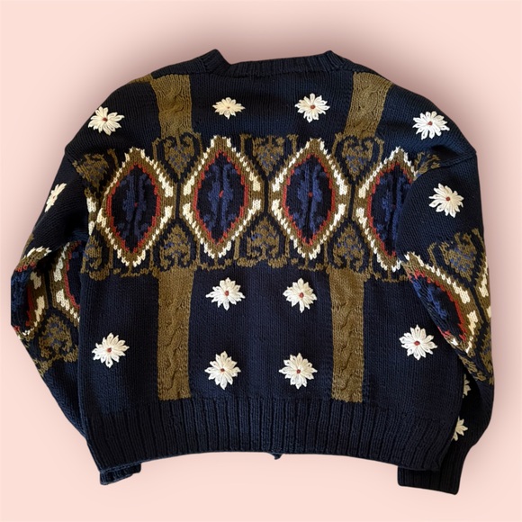 Vintage Henry Grethel Hand Knit Cable Intarsia Floral Cotton V neck Cardigan M - Picture 3 of 16